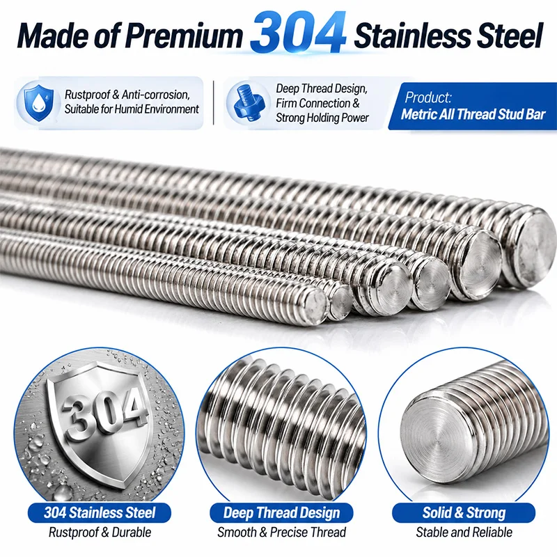 5PCS Stainless Steel Threaded Rod 304 Grade All Thread Stud Bar M3 M4 M5 M6 250mm Fully Threaded Rod for DIY Hardware and Repair
