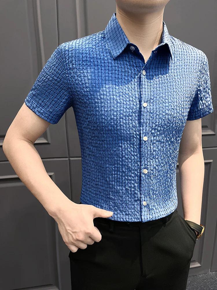 الصيف جوفاء شبكة قمصان قصيرة الأكمام الرجال الحرير الجليد تنفس فستان الأعمال عادية قميص وسيم تنوعا الشارع الشهير قميص #5