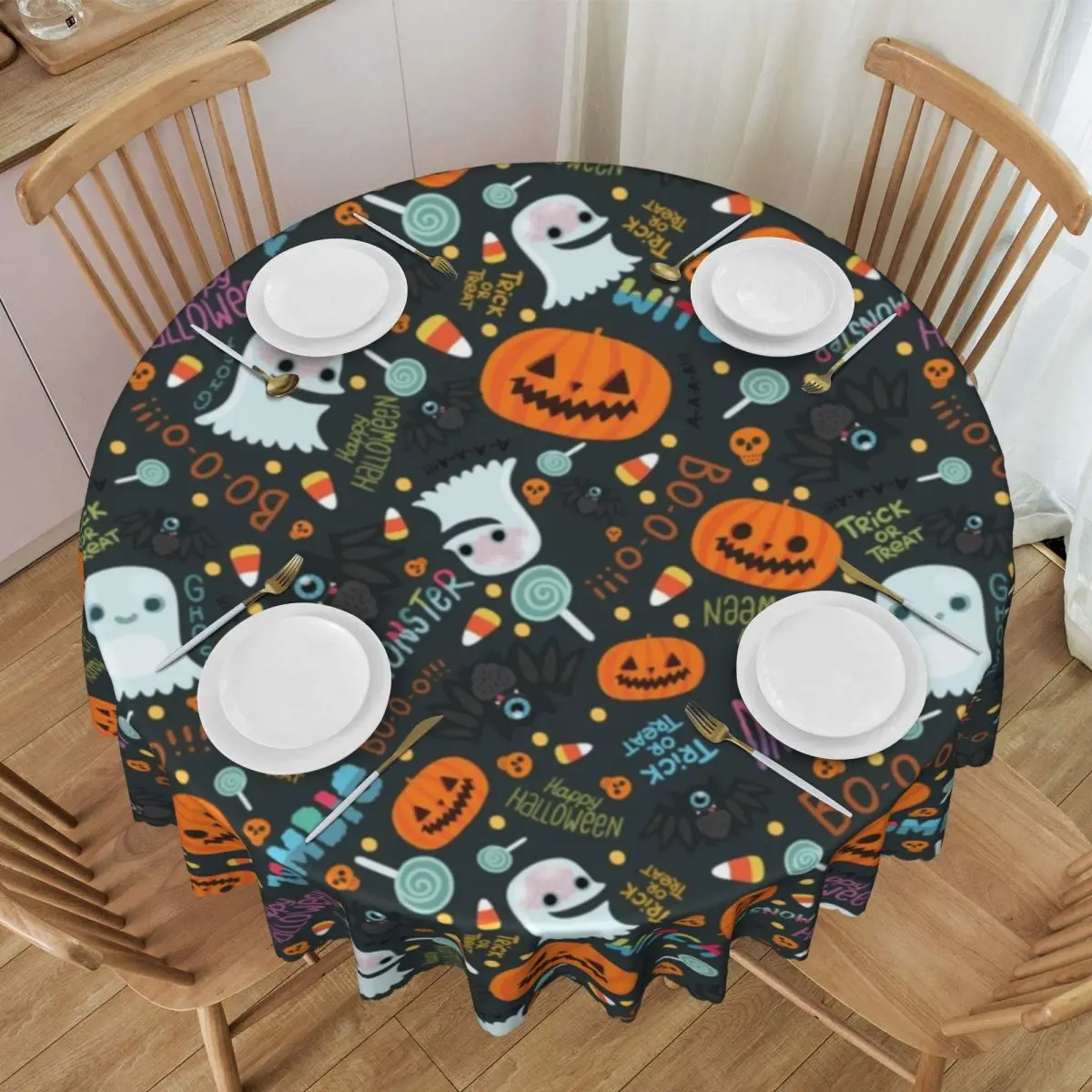 Customized Round Halloween Pumpkin Skull Pattern Tablecloth 60 inch Kitchen Dinning Table Cloth Waterproof Table Cover