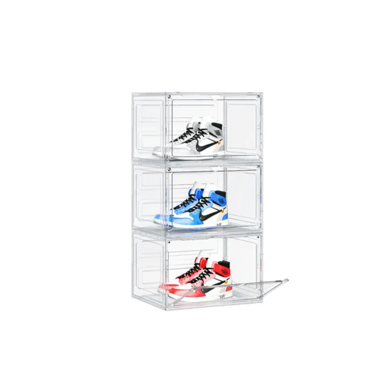 

3pcs Fully transparent storage shoe box side open magnetic attraction simple plastic figure box shoe cabinet folding shoe rack