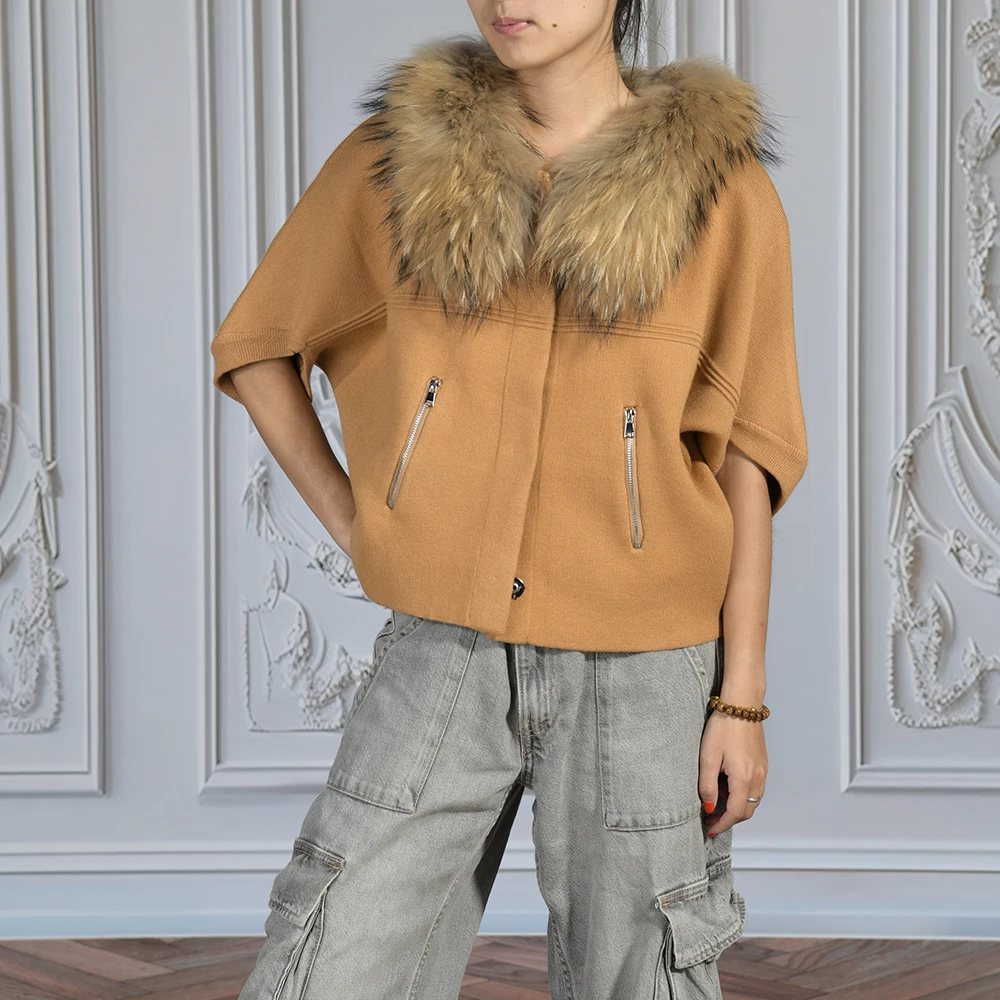 Jxwatcher Real Fox Fur Collar Knitted Sweater for Women 2025 Autumn Thick Warm Short Sleeve Jacket Ladies Fashion Outerwear New