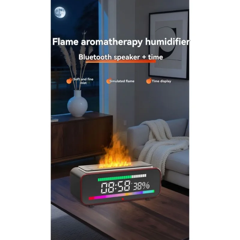 ValueABAI Flame Clock, Bluetooth Speaker Humidifier, Retro 3D Simulation Charcoal Fireplace EU Plug