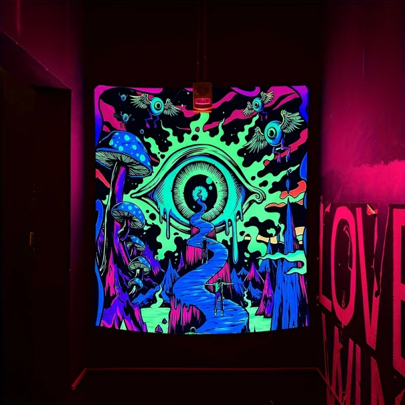 VIKAMA Enchanted Giant Eye Glow-in-the-Dark Mushroom and Bird Tapestry Bedroom Dormitory Personalised Feature Wall Decoration