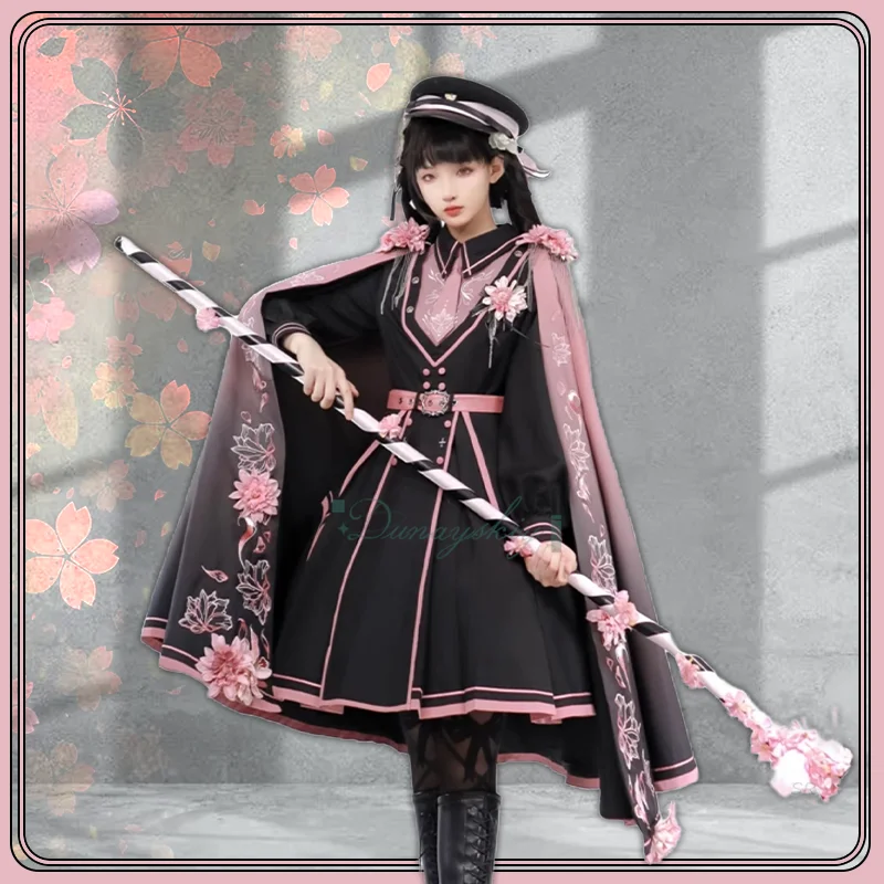 

New Pink Black Military Style Lolita Vintage Gothic Dress Cloak Coat Shawl Cloak OP Dress Harajuku Halloween Party Carnival Suit