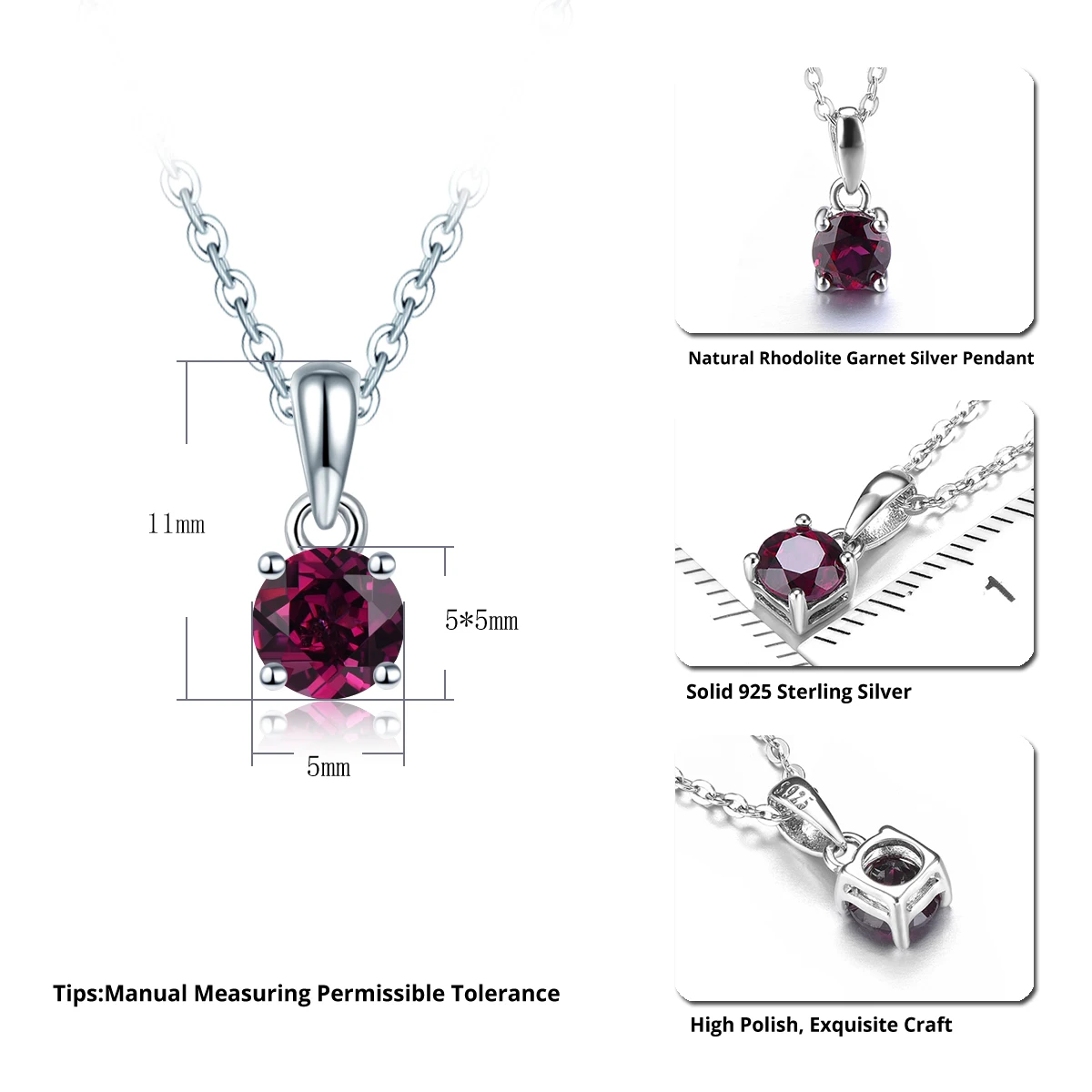 Hutang Rhodolite Garnet 925 Silver Pendant Round 5mm Genuine Gems Solid 925 Sterling Silver Chain Fine Simple Elegant Jewelry