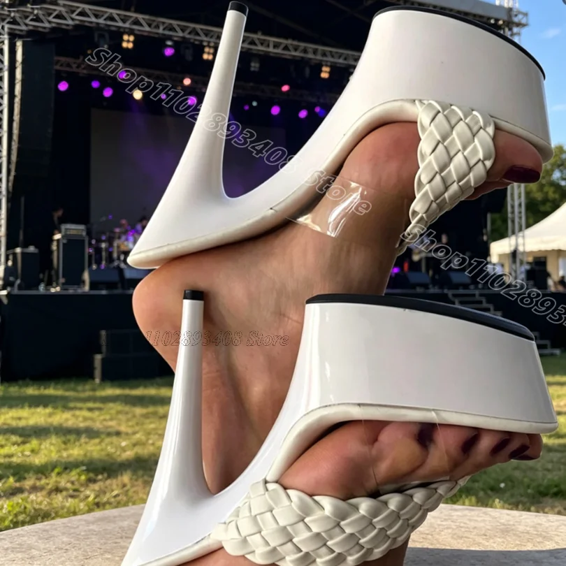 White Knit Clear PVC Platform Slippers Open Toe Stiletto Performance Stylish Summer Women Dancing Slippers Zapatos Para Mujere