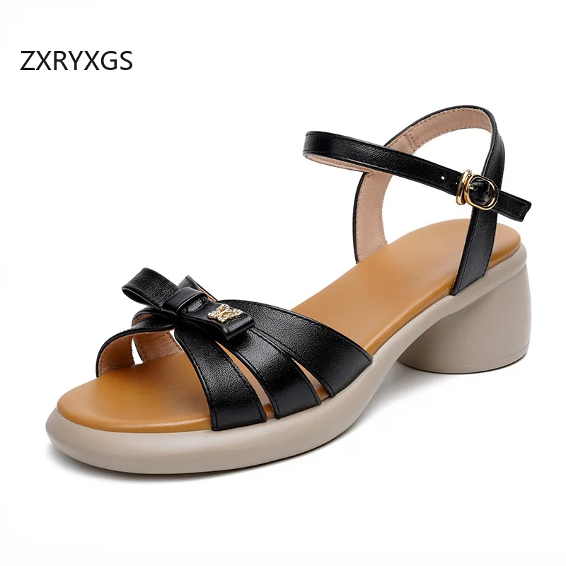 

ZXRYXGS 2025 новые летние сандалии из натуральной кожи с открытым носком и милым бантом, элегантная модная обувь, женские сандалии большого размера на высоком каблуке Tide
