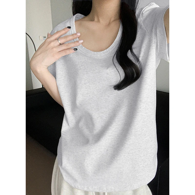Hangzhou Season Green Guangzhou Thirteenth Factory Women's Short Sleeve U-Neck T-Shirt Korean Style Commute Pure Color Cotton