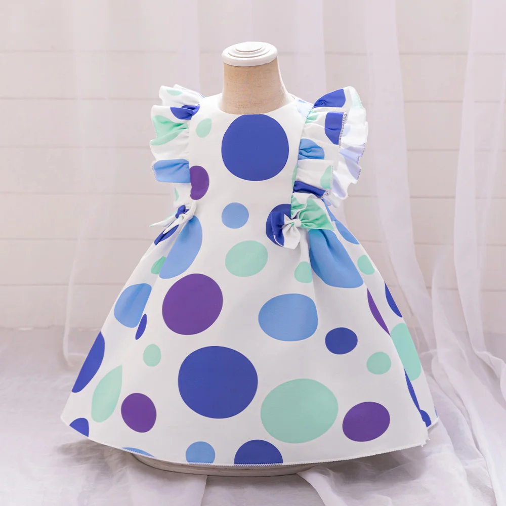 Elegant Baby Girls Party Dress Kids Polka-Dots Flying Sleeves 1st Birthday Princess Clothes Wedding Ceremony Costumes Vestidos