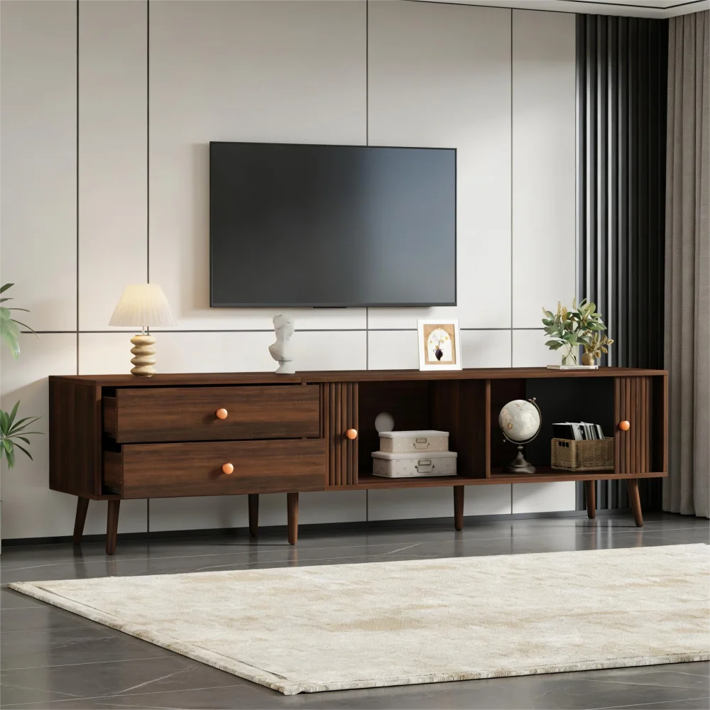 180x40x46,5cm TV-Schrank in Walnussholz-Optik, Fernsehständer mit 2 Schubladen, 2 Rolltüren und 7 Ständern, für Fernseher bis zu 80 Zoll – Detail 27