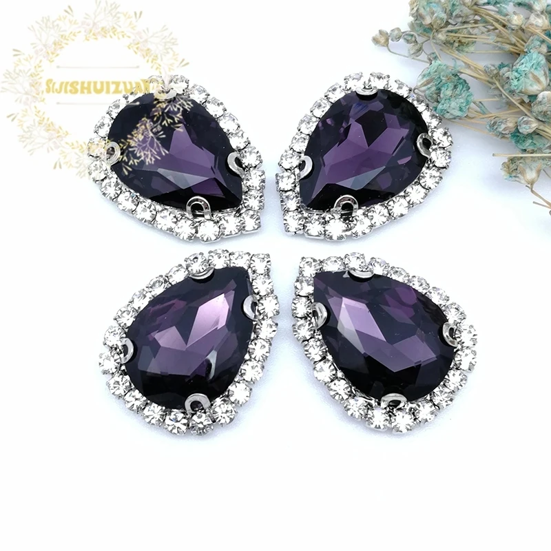 10Pcs/Pack Deep Purple Silver Bottom Top Grade Glass Crystal Buckle,Drop Shape Sew on Rhinestones,Diy Wedding Decoration