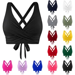 Mulheres com renda acima swimwear tops, cobertura total do biquíni top, push up swim crop top, gravata volta maiô, maiô