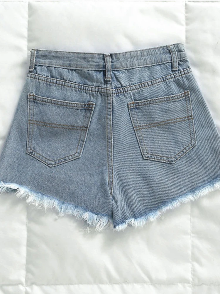 Women\'s Ripped High Waist Jeans Shorts, Casual Female Loose Denim Shorts, Wigh Leg, Summer, 2024