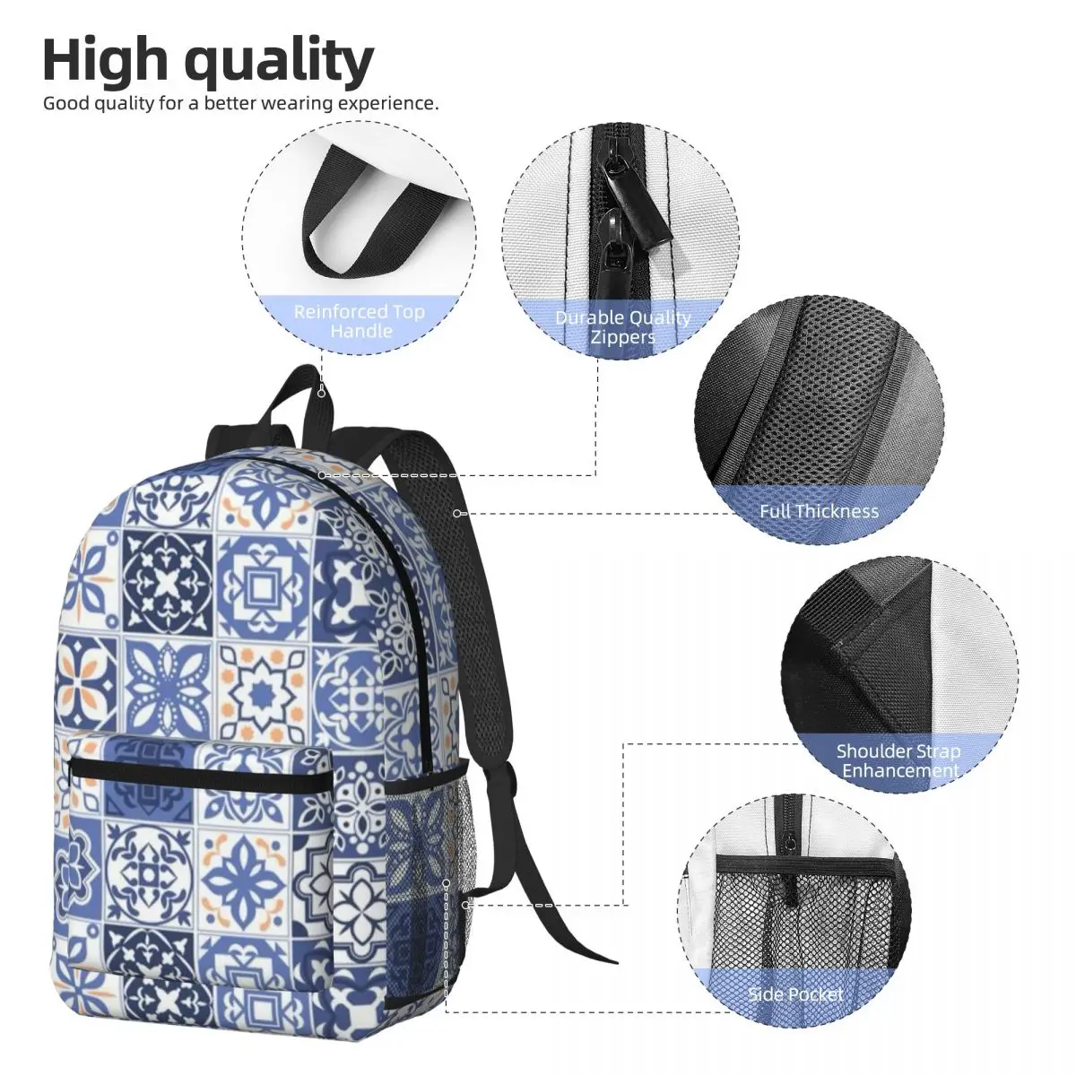 Blue Portuguese Tile Portugal Azulejo Flower Backpack Student BookBag Kids School Bag Laptop Shoulder Bags for Men Women