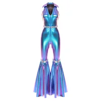 Peleles de discoteca de los años 70 para mujer adulta, solapa con cuello en V, sin mangas, cremallera frontal, lentejuelas, parte inferior acampanada, pantalones largos, mono, Ropa de baile de Jazz Retro