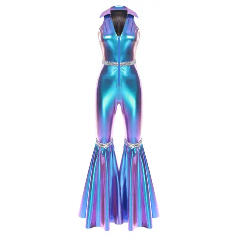 Pagliaccetti da discoteca per donna adulta anni '70 Risvolto con scollo a V senza maniche Cerniera frontale Paillettes Pantaloni lunghi con fondo a campana Tuta Retro Jazz Dancewear