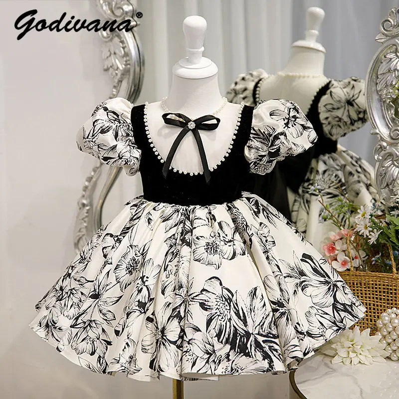 Sweet Baby Girls Summer New High End Performance Princess Dress Kids Heavy Print Puff Sleeve Bow Pearls Neck Birthday Party Gown