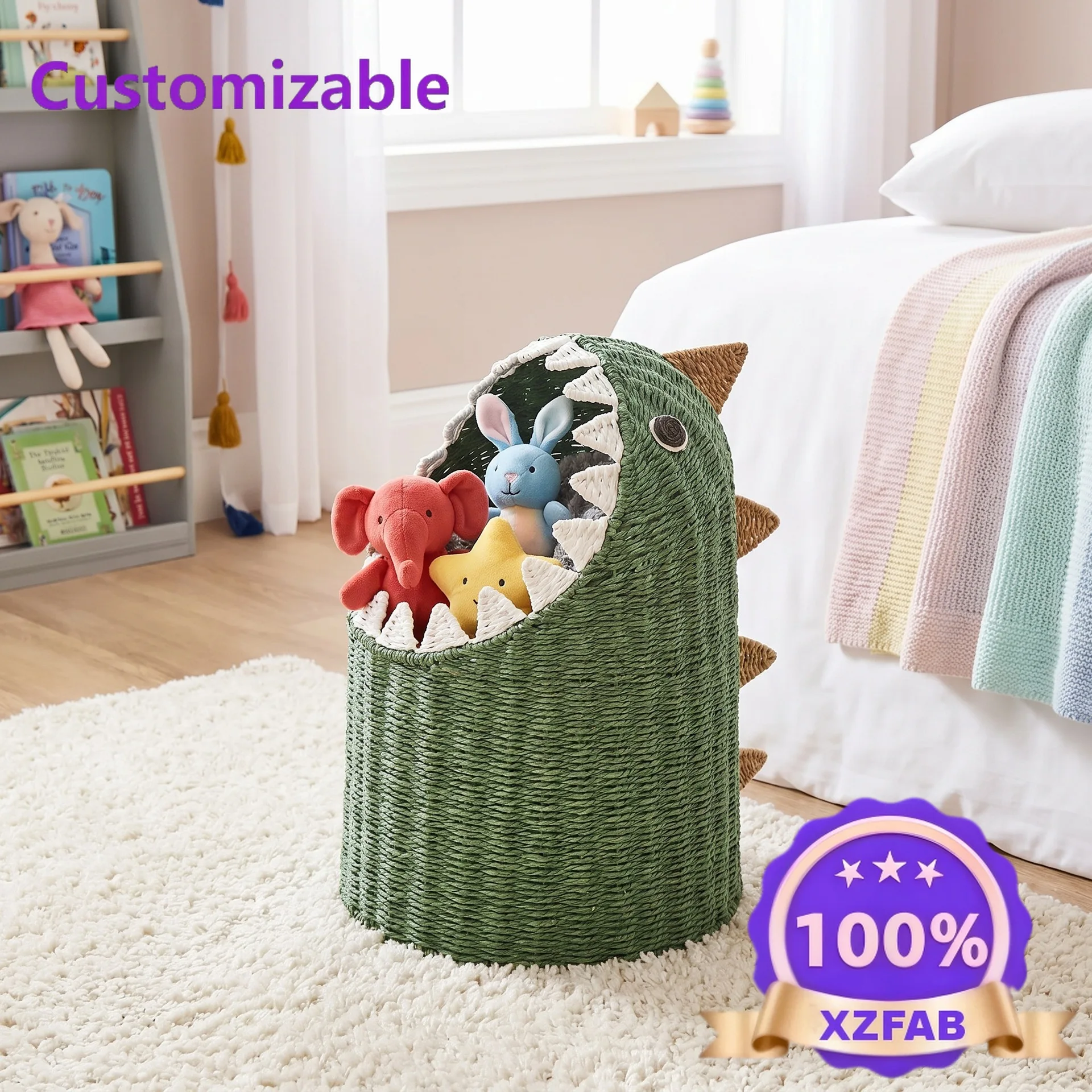 Factory Direct 2026 Paper rope woven dinosaur image storage basket dirty laundrybasket woven baskethousehold children's room