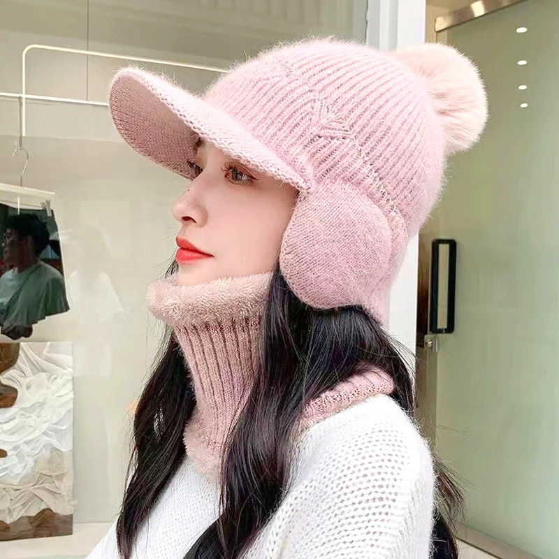 Stretchy Woolen Knitted Baseball Cap Winter Warm Windproof Earmuff Hat Fashion Women's Thicken Velvet Hat With Pompom Hairball