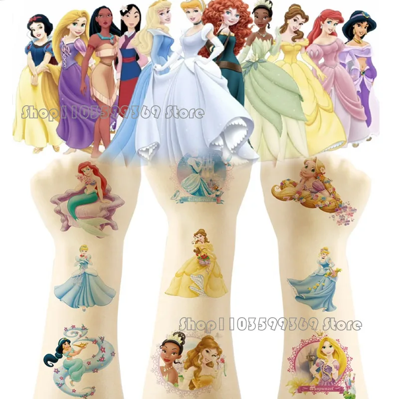 Girl's Toys Tattoo Stickers Disney Princess Snow White Cinderella Ariel Rapunzel Merida Disposable Tattoo Birthday Party 5x5cm