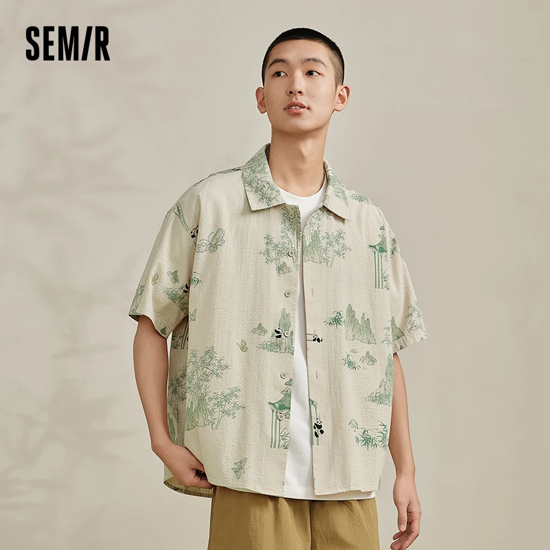 Semir Short-Sleeved Shirt For Men 2024 Summer New Loose Pure Cotton Top Trendy National Style Print