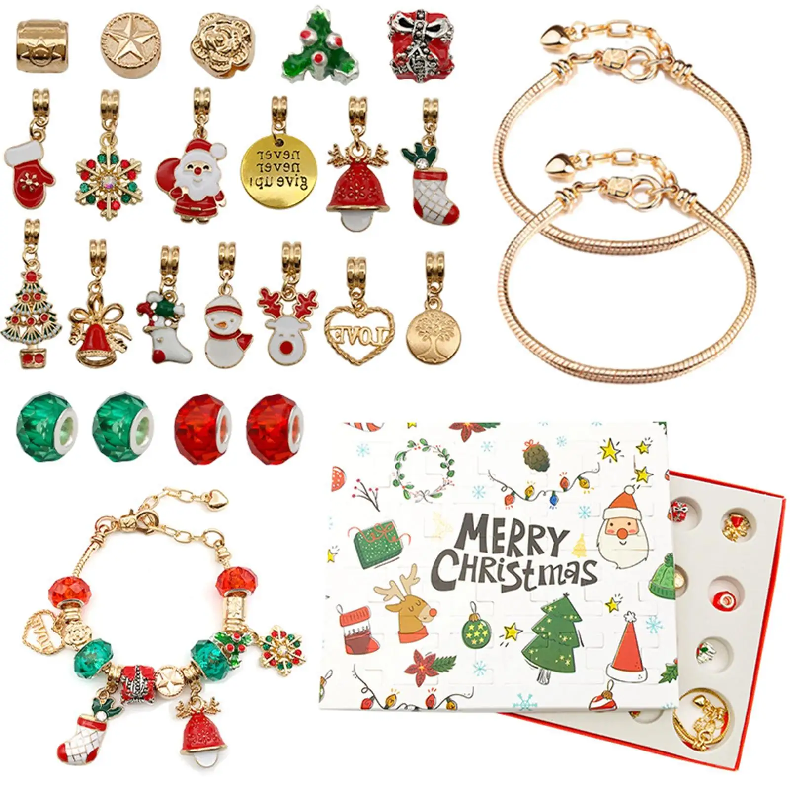 DIY Charm Bracelet Making Kit Christmas Themed Advent Calendar 24 Days Jewelry for Women Gift