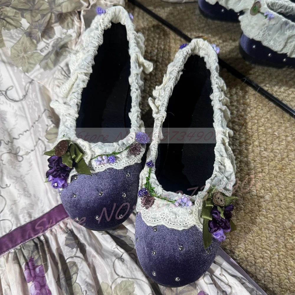 Purple Velvet Mary Jane Flats Women Ruffled White Lace Trim Floral Crystals Shoes Sweet Lolita Round Toe Slip On Dress Shoes