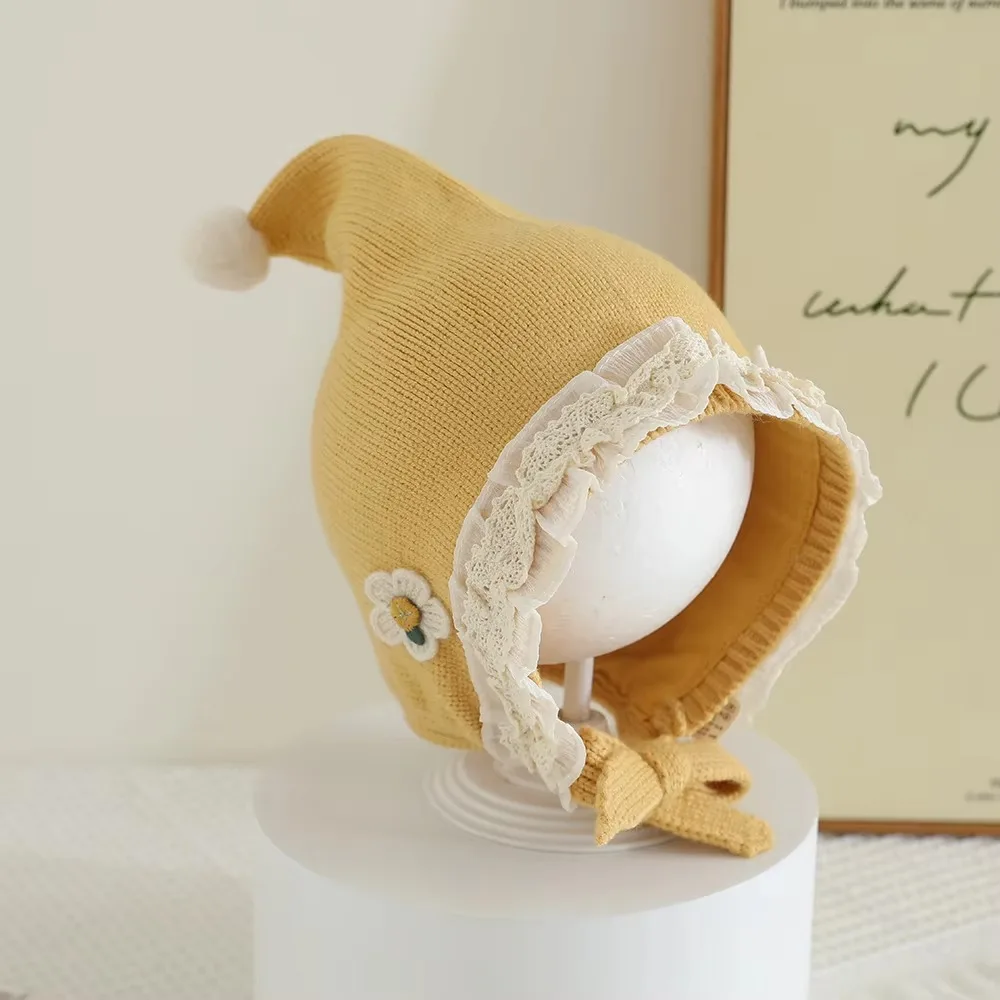

New Flowers Baby Knitted Hat with Lace Brim Cold-proof Infant Cap Windproof Cartoon Warm Hat Winter