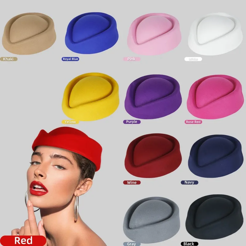 Women British Stewardess Beret Hat,Exquisite Top Hat,Hepburn Style High-end Beret Felt Flight Attendant Cap Cosplay Accessories