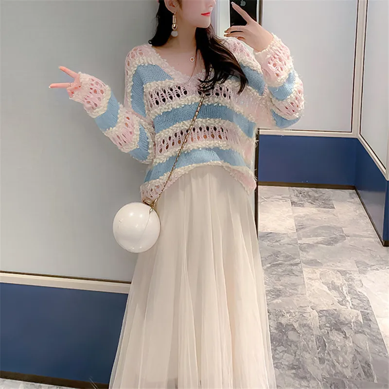 Fashion Pull Femme Striped Hollowed Out Knit Top For Women Spring Summer Sweaters Loose Ladies Long Sleeve Pullover Shirt