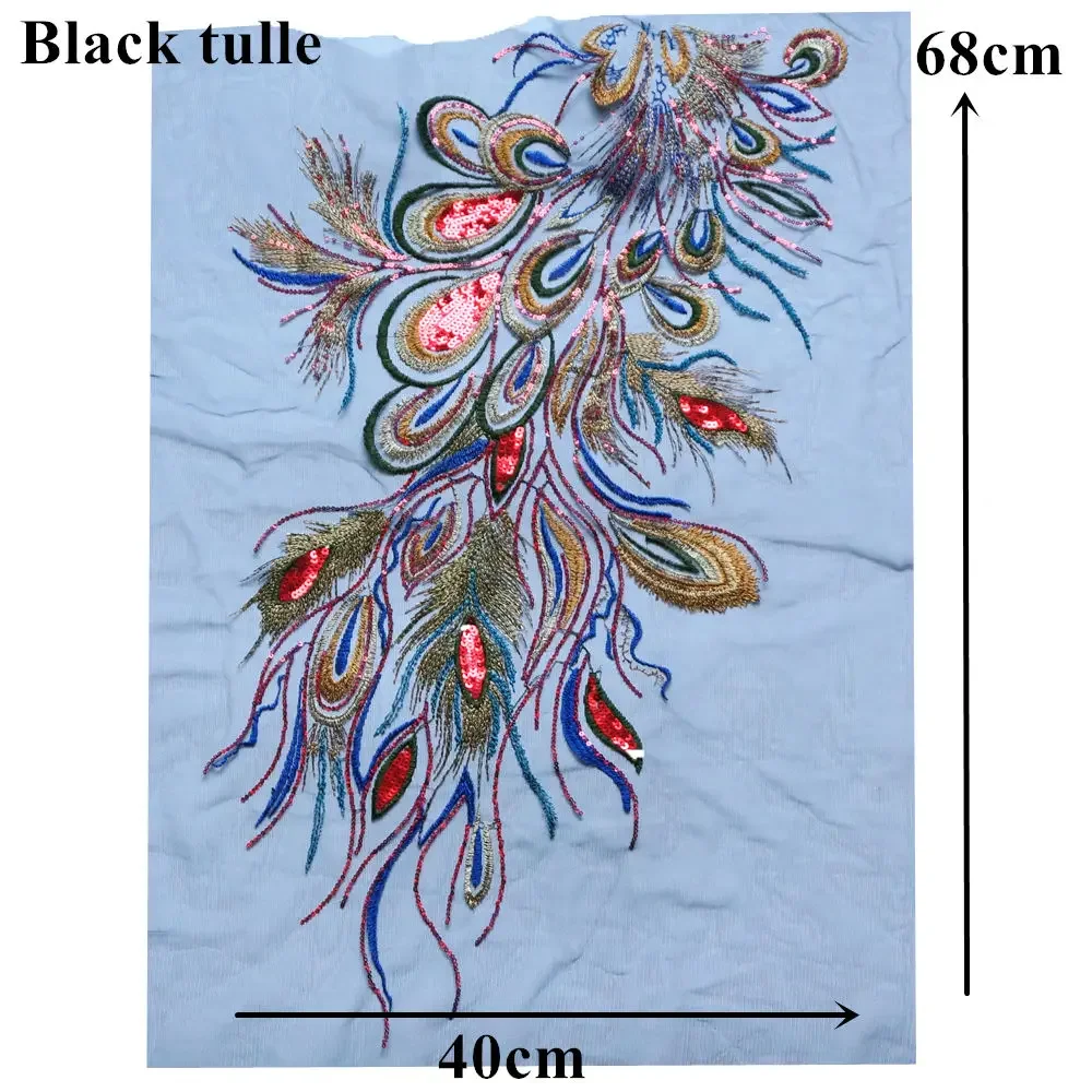 Gold Blue Red Sequin Peacock Phoenix Feather Lace Fabric Black Mesh Embroidered Gown Appliques Sew Patch For Wedding Decoration