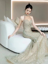 High-neck Prom Dresses Pearl Beading Sequins Tassel Mermaid Champagne Luxury Ceremony Dance Woman Elegant Evening Party Gowns