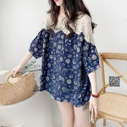 Blusa feminina oca de meia manga, camisa vintage feminina, camisa estampada estilo menina Mori, renda elegante emendada, casual com decote em o solto, verão