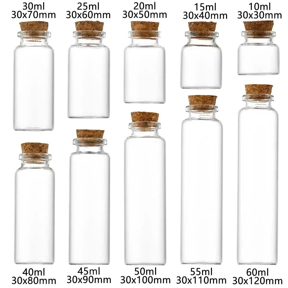 Tube à essai en verre avec bouchon en liège, bocaux à message HI, cadeau d'art bricolage, artisanat, 5ml, 7ml, 10ml, 14ml, 18ml, 20ml, 25ml, 30ml, 24 pièces par lot