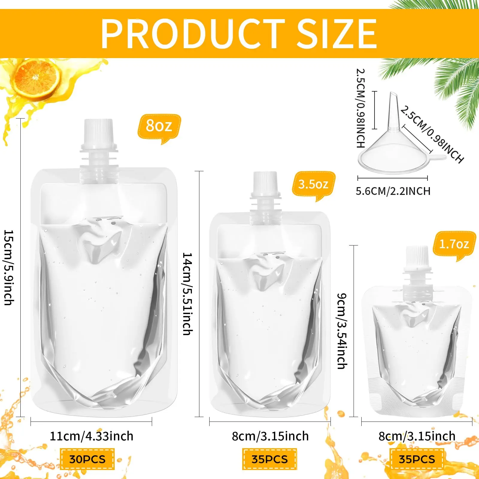 100 Pack Disposable Plastic Flasks 1.7 oz 3.5 oz 8 oz Leakproof Juice Pouches Stand Up Squeeze Pouches with Screw Caps Funnels