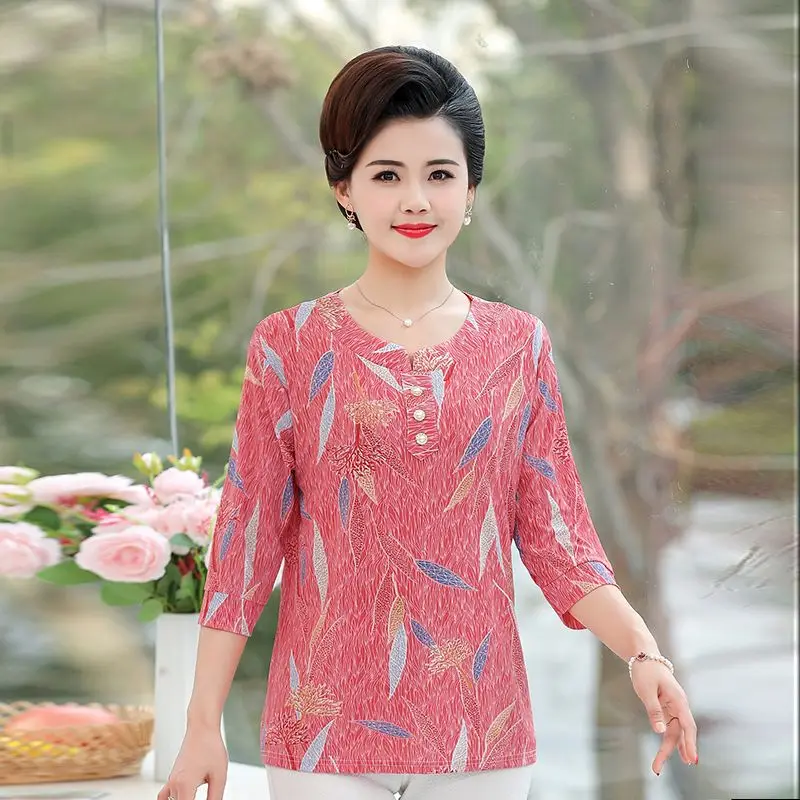 New Summer Style 3/4 Sleeve T-Shirt for Women Middle aged and Elderly Ladies Loose and Versatile Printed Large Size Tops