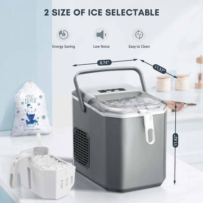 Portable Countertop Ice Maker, with Carry Handle,Self-Cleaning,Basket and Scoop,9 Cubes in 6 Mins,26.5lbs/24Hrs,2 Sizes