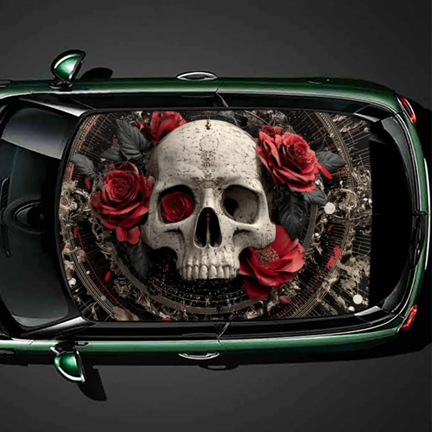 

Romance and Death, Rose and Skull Print PVC Car Roof Sticker, Self-Adhesive Waterproof Car vinyl Decal, Car Decoration Protectio