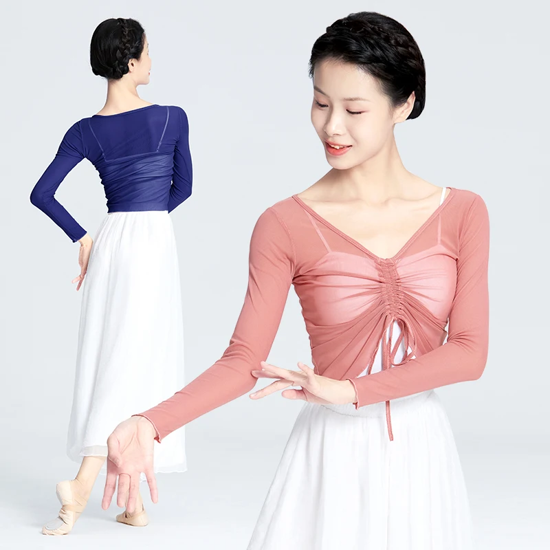 Ballet Tops Woman Ballet Drawstring Tops Elegant Classic Dance Mesh Long Sleeve Tops Woman Dancewear Training Suit