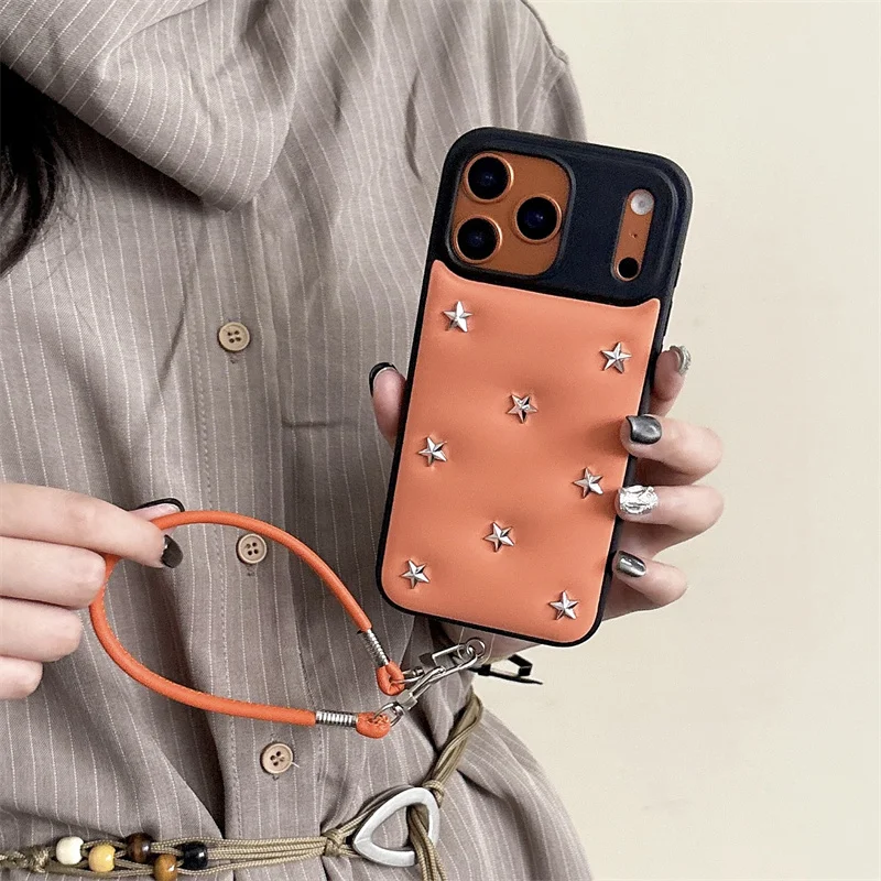 

Fashion Metal Little Star Leather Phone Case For iPhone 17 Pro 16 15 14 Pro Max Cover with Hand Rope Cute Cases For Apple 17Pro