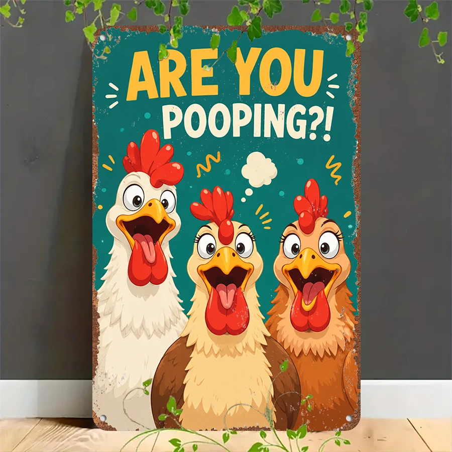 2D flat retro metal tin plate,  Funny Chicken Farm Bathroom Tin Sign, Suitable for home, garage, café, bar and garden decoration