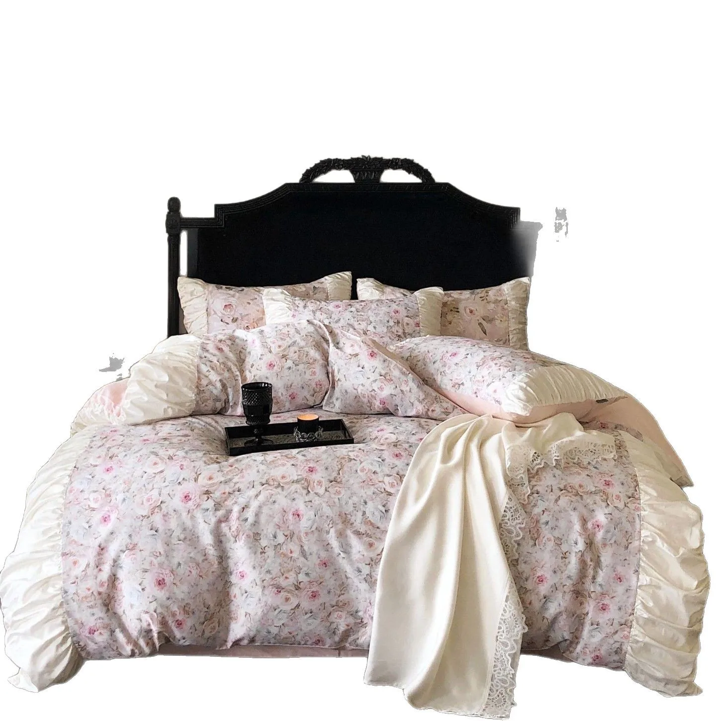 Class A 120 long-staple cotton printing four-piece light luxury French digital printing cotton pure cotton lace kit