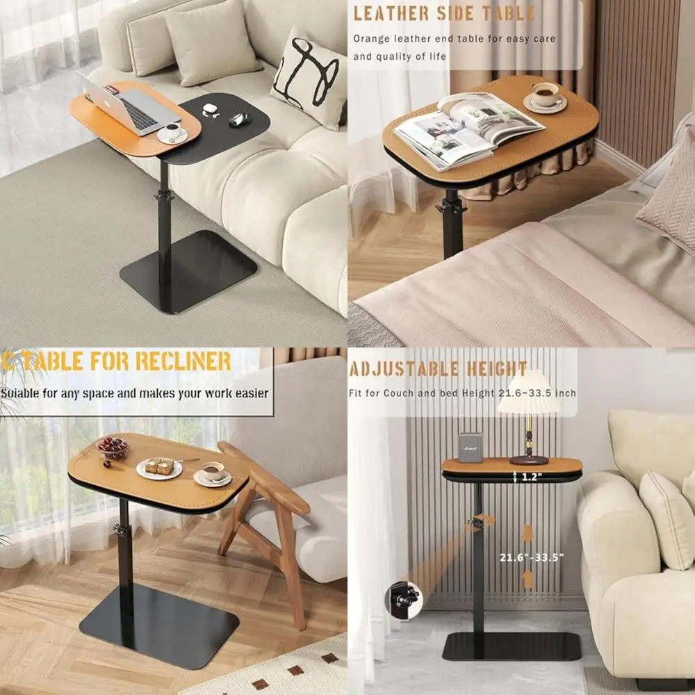 C-Shaped Adjustable Height Swivel Side Table with Double Top for Couch