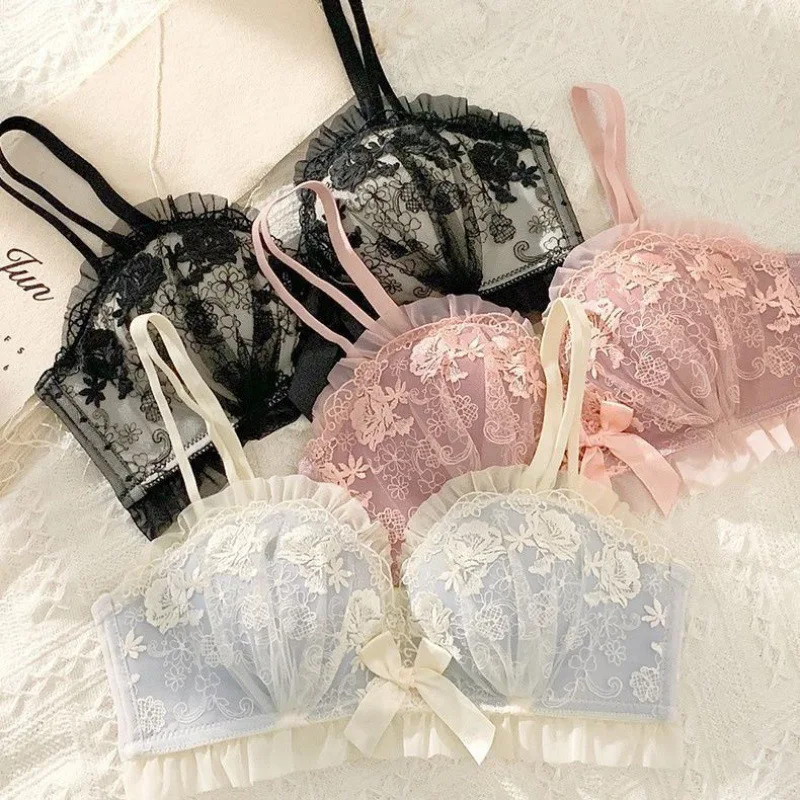 Gathered Pure Desire Lace Bra Breast Holding Sexy Sweet Underwear without Steel Ring Suit