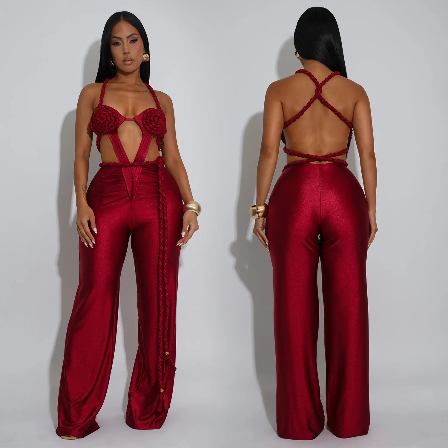 Women Halter Neck Ruched Sleeveless Wide Leg Jumpsuits 2025 Fall Vacation Beach Romper Playsuit One Piece Set Outfits