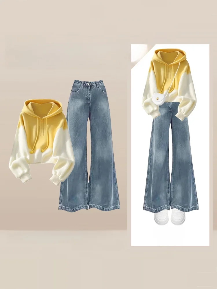 

Korean Casual Hoodie Denim Pants Set Women's Autumn Winter Popular Design Unique Two-Piece Set High Waist Long Pants