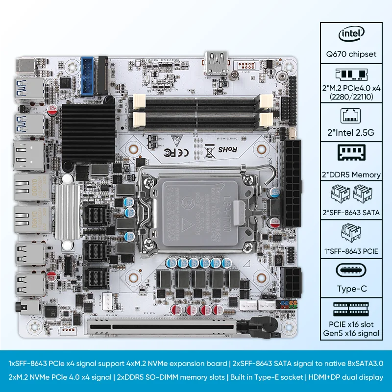 لوحة أم N23 Q670 NAS 8 * SATA 6 * M.2 NVMe Intel 12/13/14th Gen LGA1700 1 * PCIE5.0x16 2 * DDR5 2 * 2.5G LAN ITX لوحة جدار الحماية الرئيسية