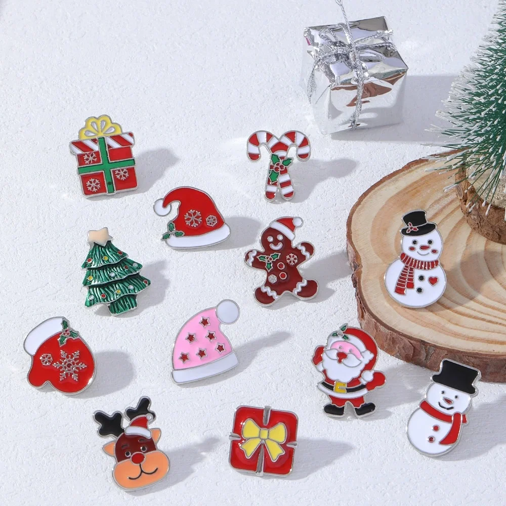 Funny Christmas Theme Brooches Tree Santa Claus Hat Glove Snowman Candy Gift Box Gingerbread Man Shaped Pins