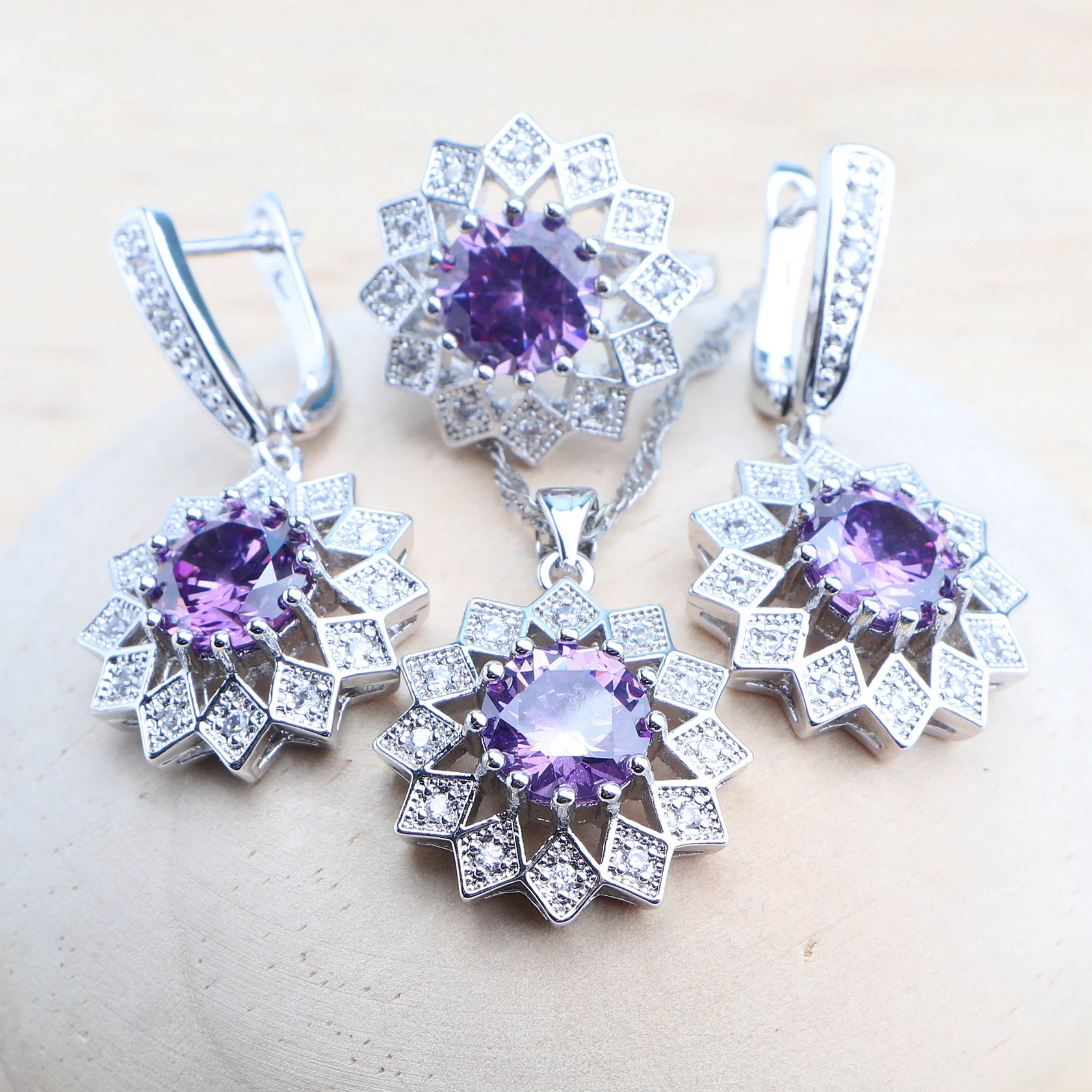 Wedding Silver 925 Jewelry Sets Bracelets Rings Earrings Pendant Purple Cubic Zirconia Necklace For Women Bridal Set Jewelry