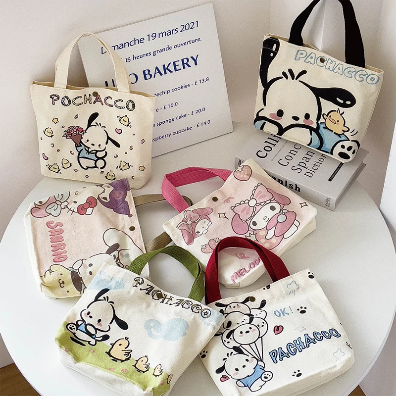 Sanrio Cartoon Canvas Bag Pochacco Kuromi Portable Handbag Kawaii Melody Large Capacity Women Shopping Bags Storage Bag